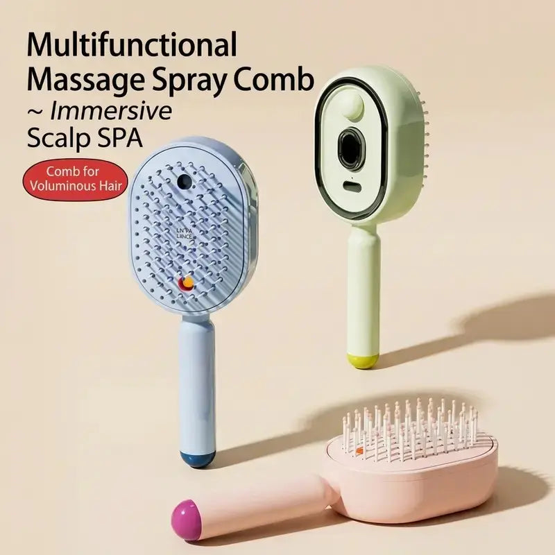 Electric Spray Air Cushion Massage Comb – Self-Cleaning Anti-Tangle Hair Brush, Anti-Static Volumizing Detangling Comb with Essential Oil Mist Aromatherapy for Daily Hair Care