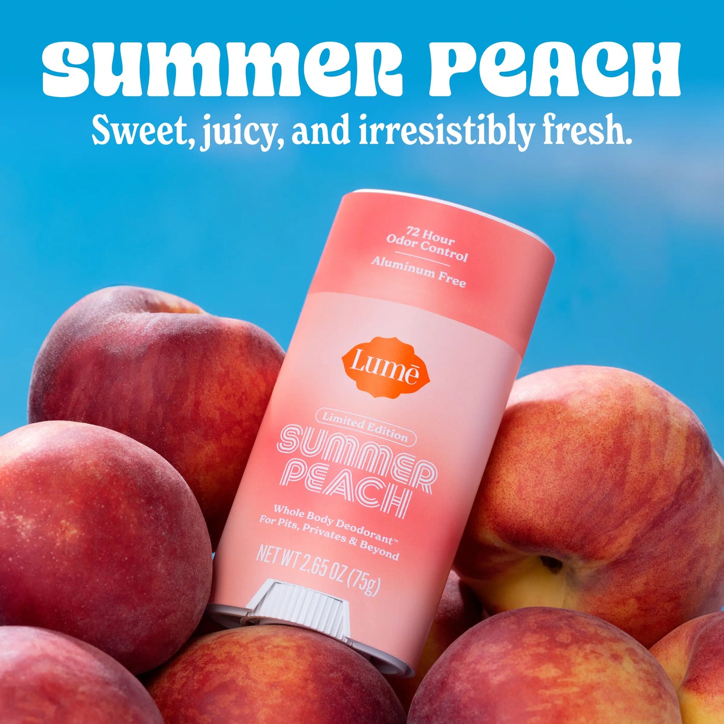 Lume's Limited Edition Summer Peach Whole Body Deodorant - Aluminum-Free with Mandelic Acid, Provides Up to 72 Hours of Odor Control